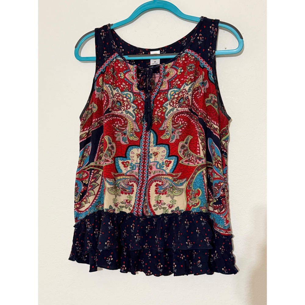 Bila Red Paisley Floral Tassel Tie Sleeveless Ruffle Hem Boho Top WG340 M